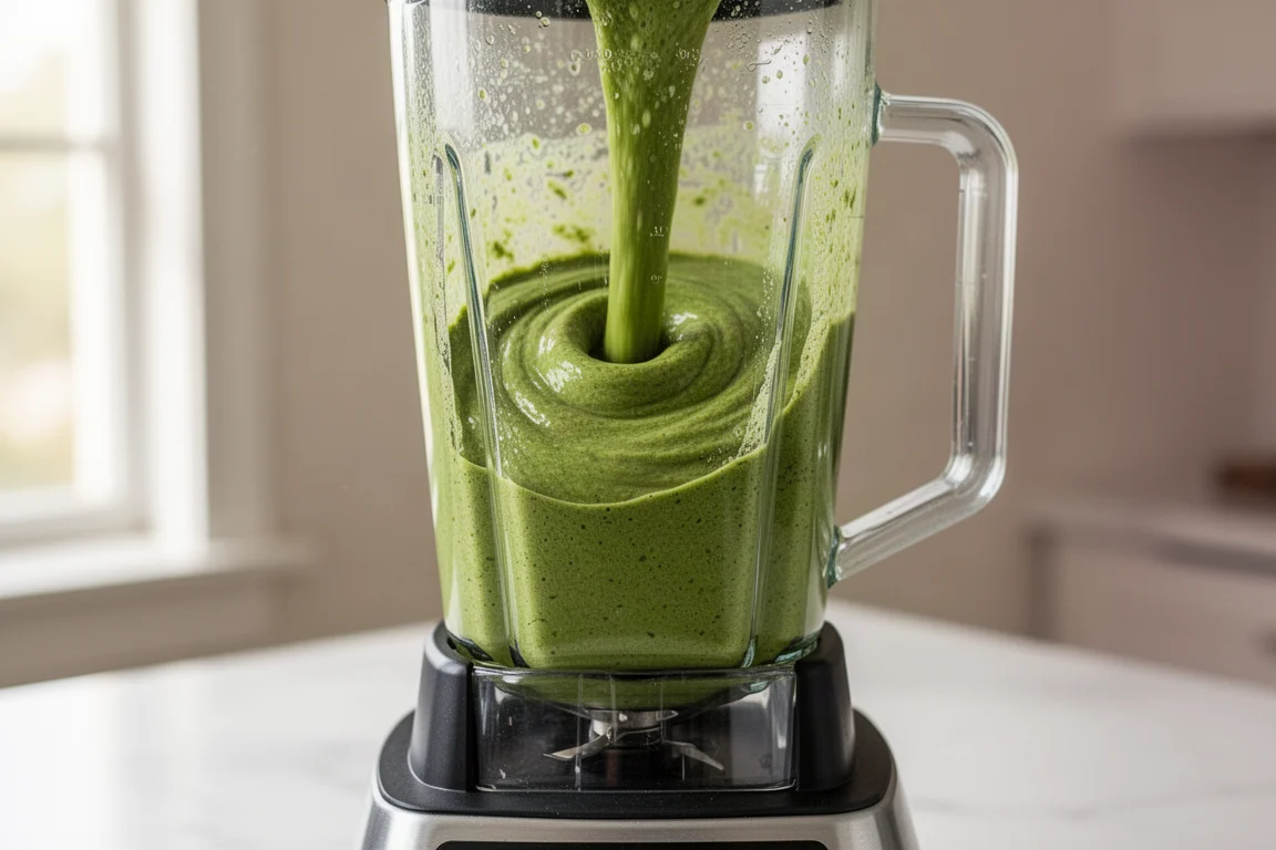 Grön smoothie som blendas i en smal, hög bärare