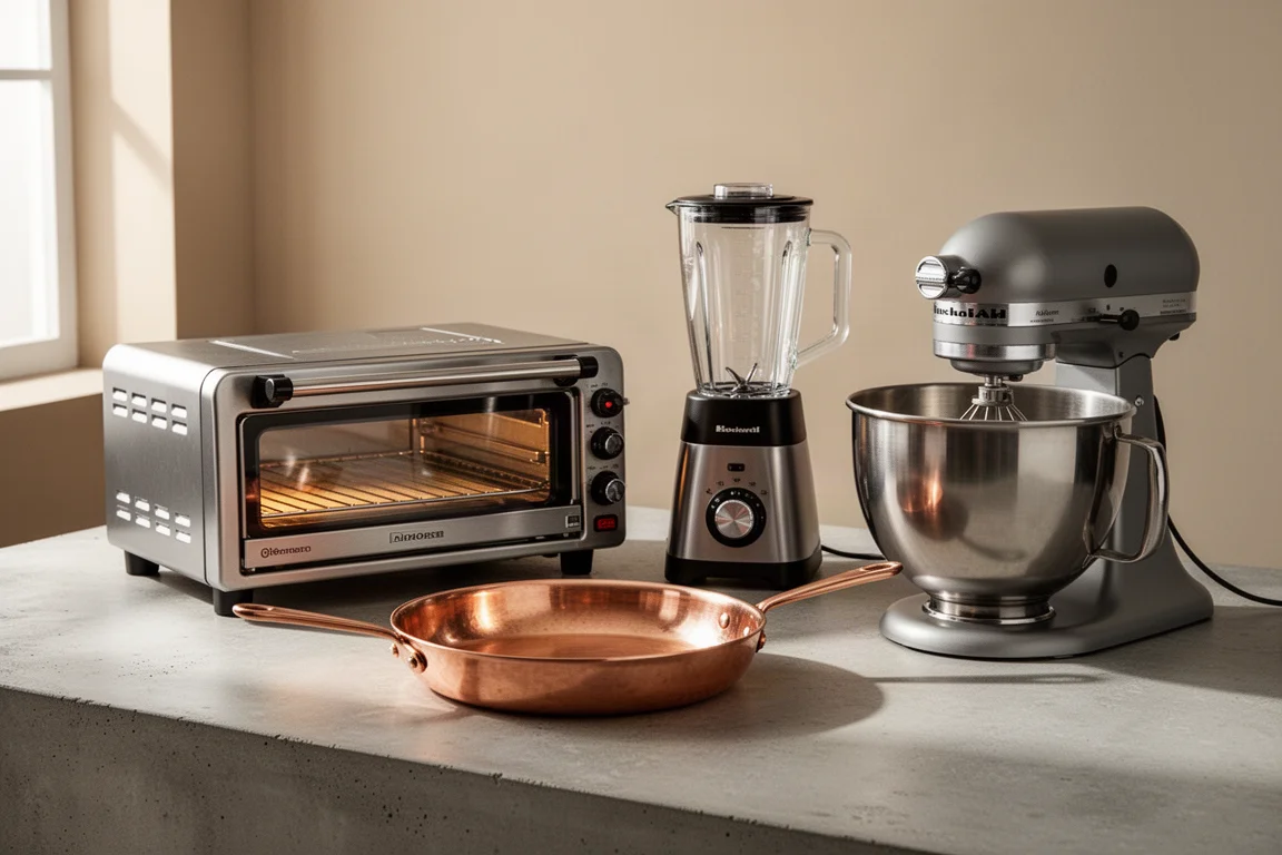 Collection of premium kitchen gear including a pizza oven, blender jar, copper skillet, and stand mixer