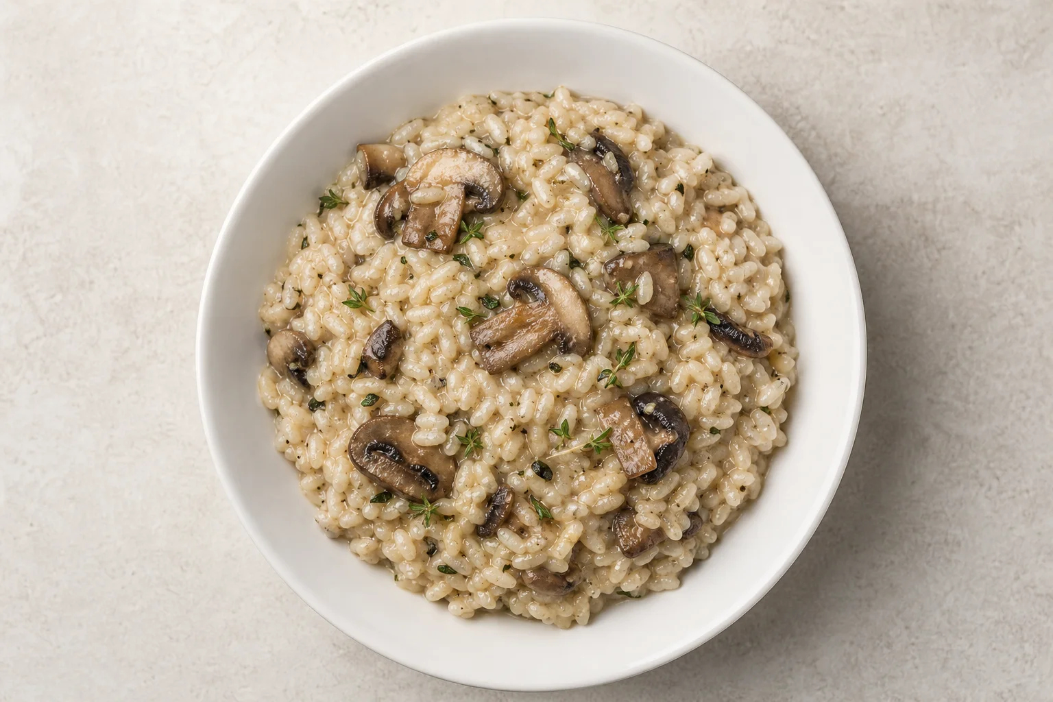 Creamy mushroom risotto in a white bowl with visible rice texture