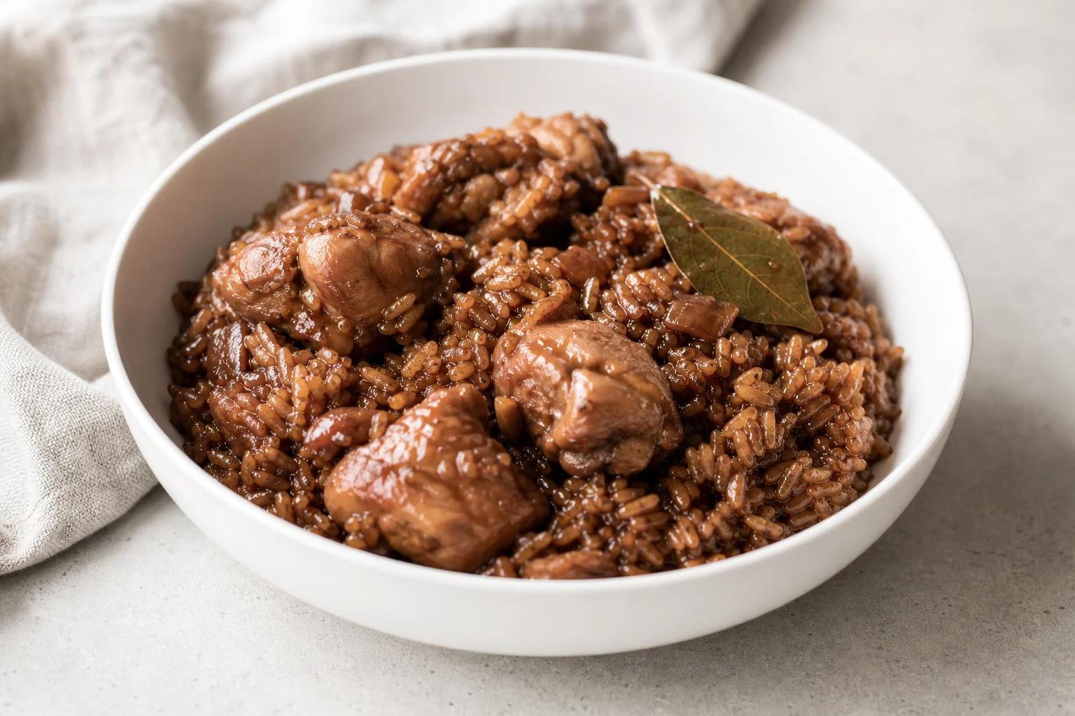 One Pot Adobo Chicken Rice with bay leaf and dark sauce in a serving bowl