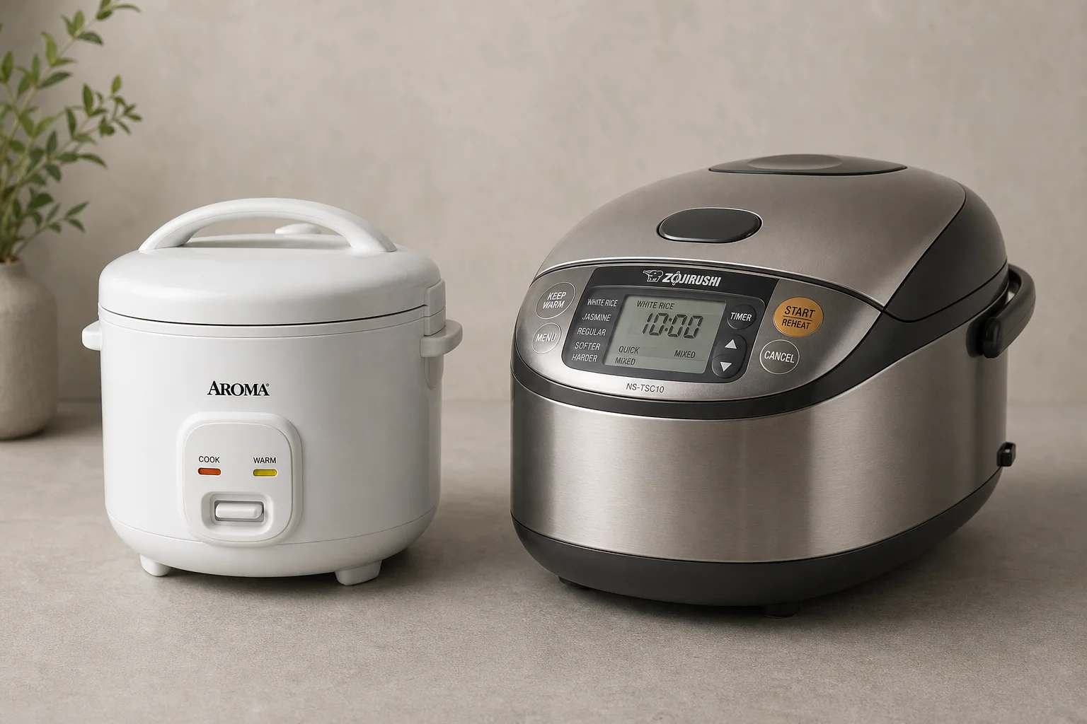 並排擺放的 Aroma 平價電子鍋與 Zojirushi 高階電子鍋