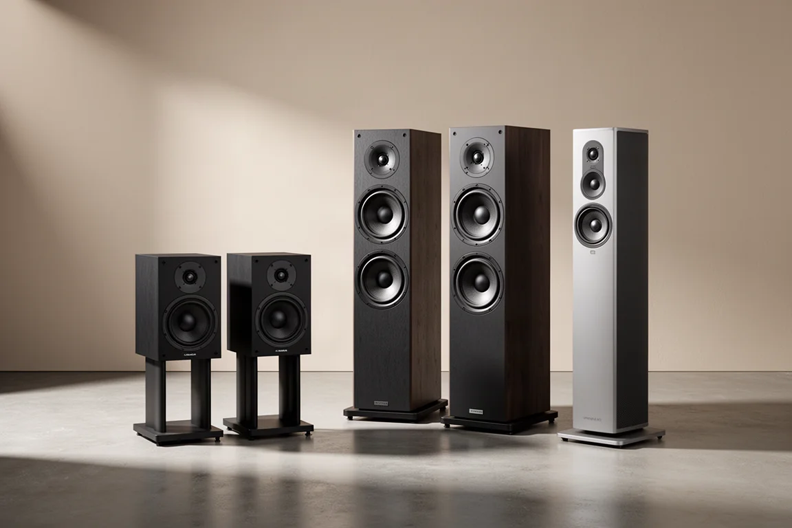 Three pairs of loudspeakers of increasing size on a concrete floor in a minimal room