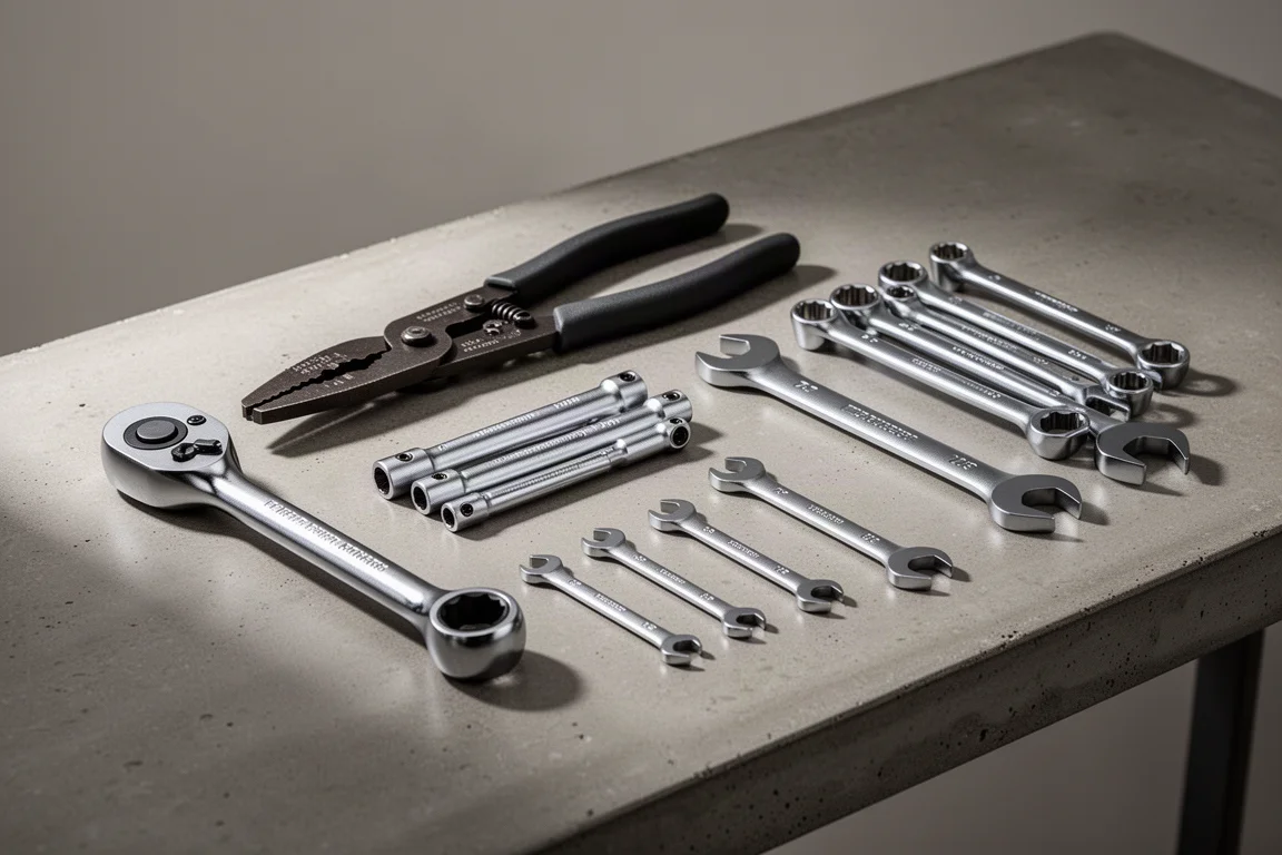 Premium hand tools including a ratchet, wire strippers, extensions, and wrenches on a workbench