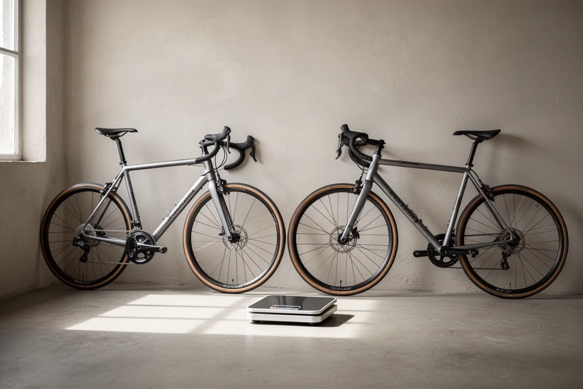 Twee racefietsen tegen een muur geleund naast een personenweegschaal