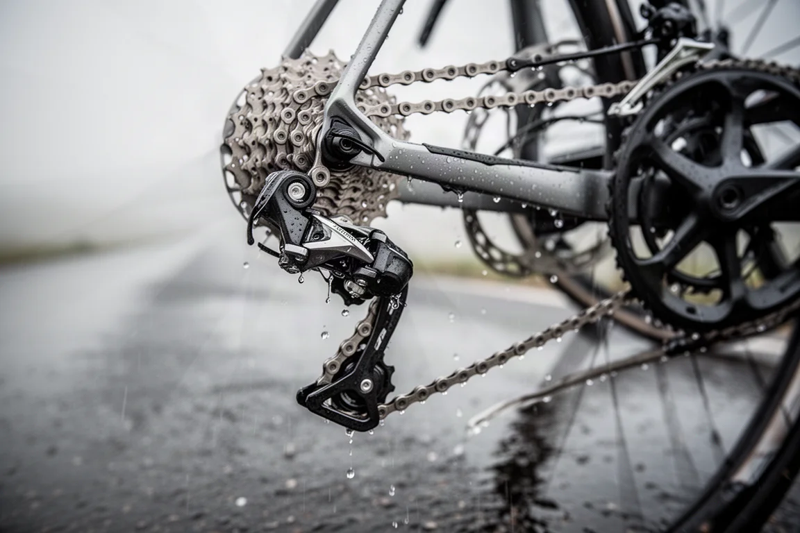Close-up van een achterderailleur en cassette van een racefiets op een natte weg