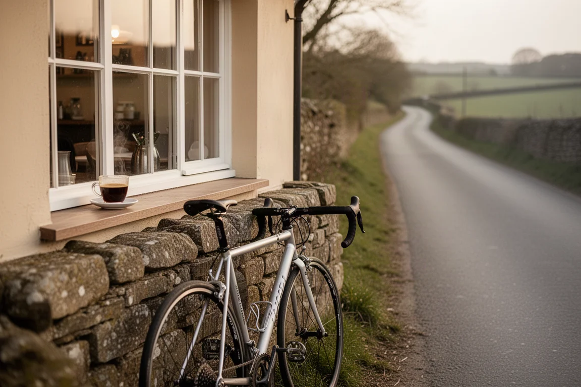 Racefiets geparkeerd naast een caféstop aan een landweg in de late middag