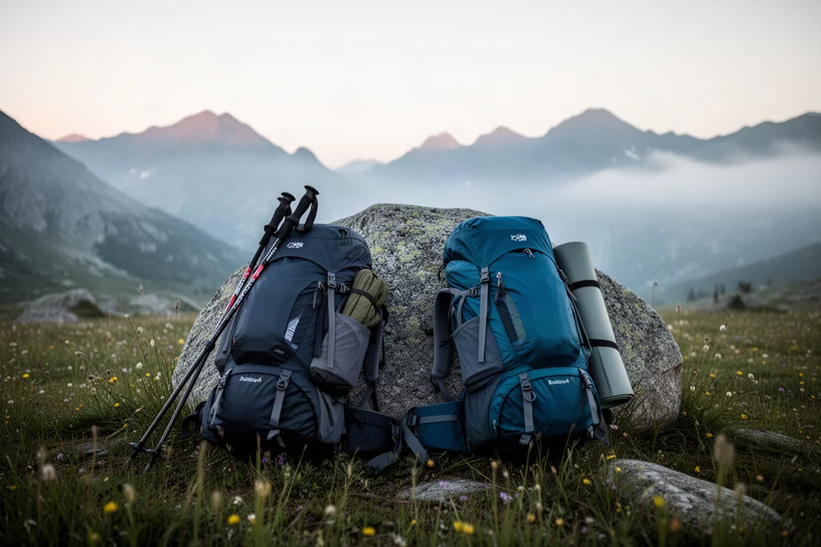 Two ultralight backpacking kits unpacked side by side on granite beside an alpine lake at sunrise