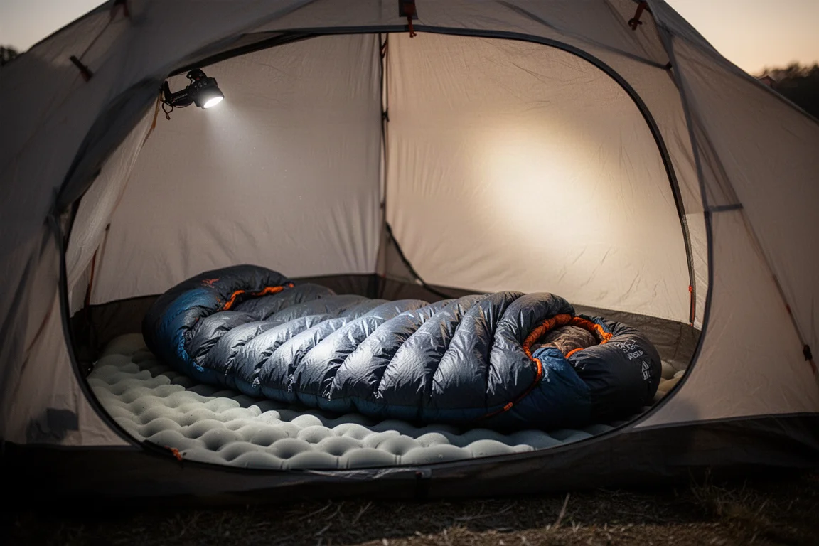 Small single-wall trekking pole shelter pitched on a rocky ridge at dusk