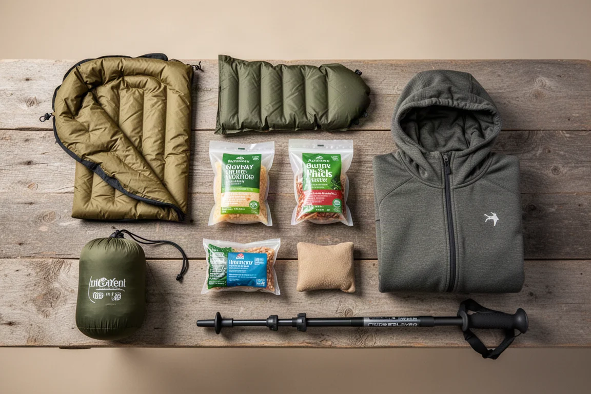 Overhead flat-lay of backpacking essentials on weathered wood with quilt, pad, and first aid pouch