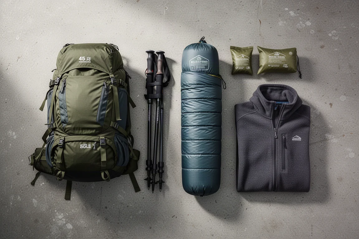 Płaskie ułożenie ultralekkiego sprzętu backpackingowego, w tym quilt, mata do spania, schronienie na kijki trekkingowe i plecak ze stelażem