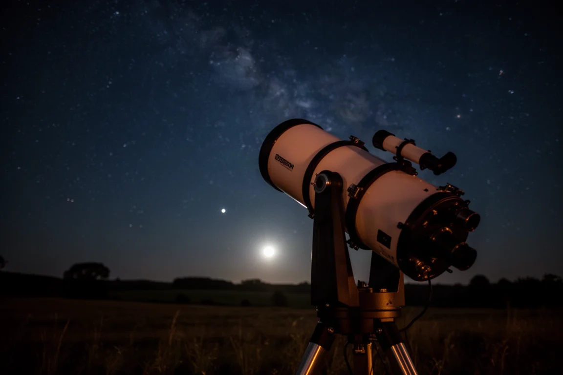 大型杜卡遜望遠鏡在漆黑夜空中指向明亮行星