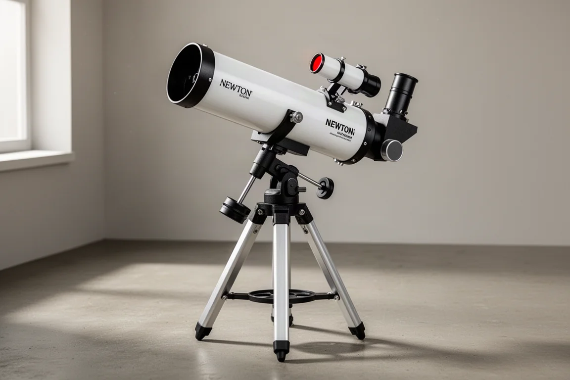 白色 114mm Newtonian 望遠鏡裝在地平式支架上，背景為素色