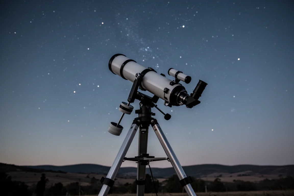 夜空下安裝在穩固三腳架上的折射望遠鏡