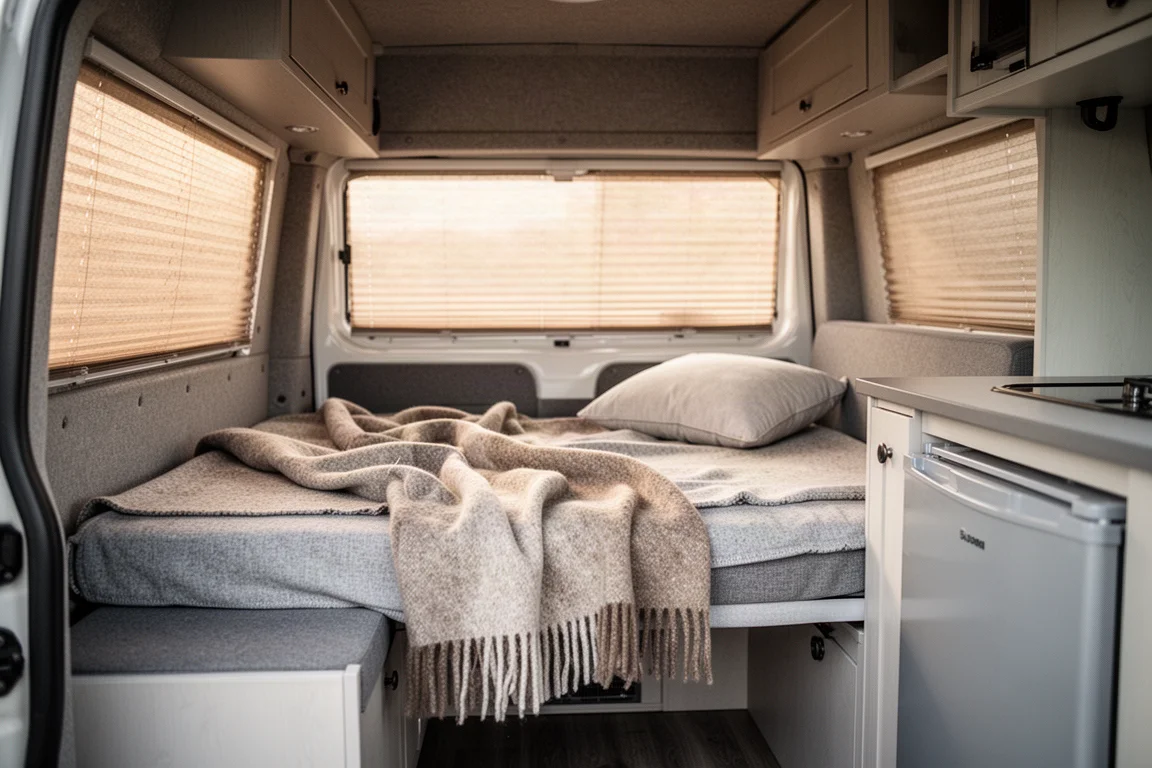 Camper van rear cabin with bench seat folded into a bed and warm daylight through blinds
