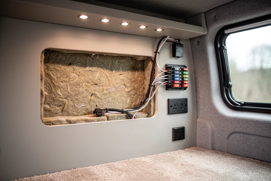 Van conversion interior detail showing insulation, fuse panel, LED ceiling lights and an outlet