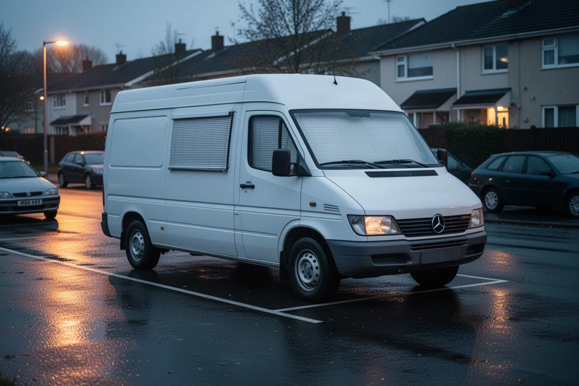 Plain white van parked in an ordinary street space at dusk with blinds closed