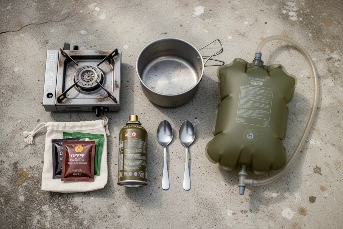 Overhead flat-lay of compact travel cooking gear on weathered concrete