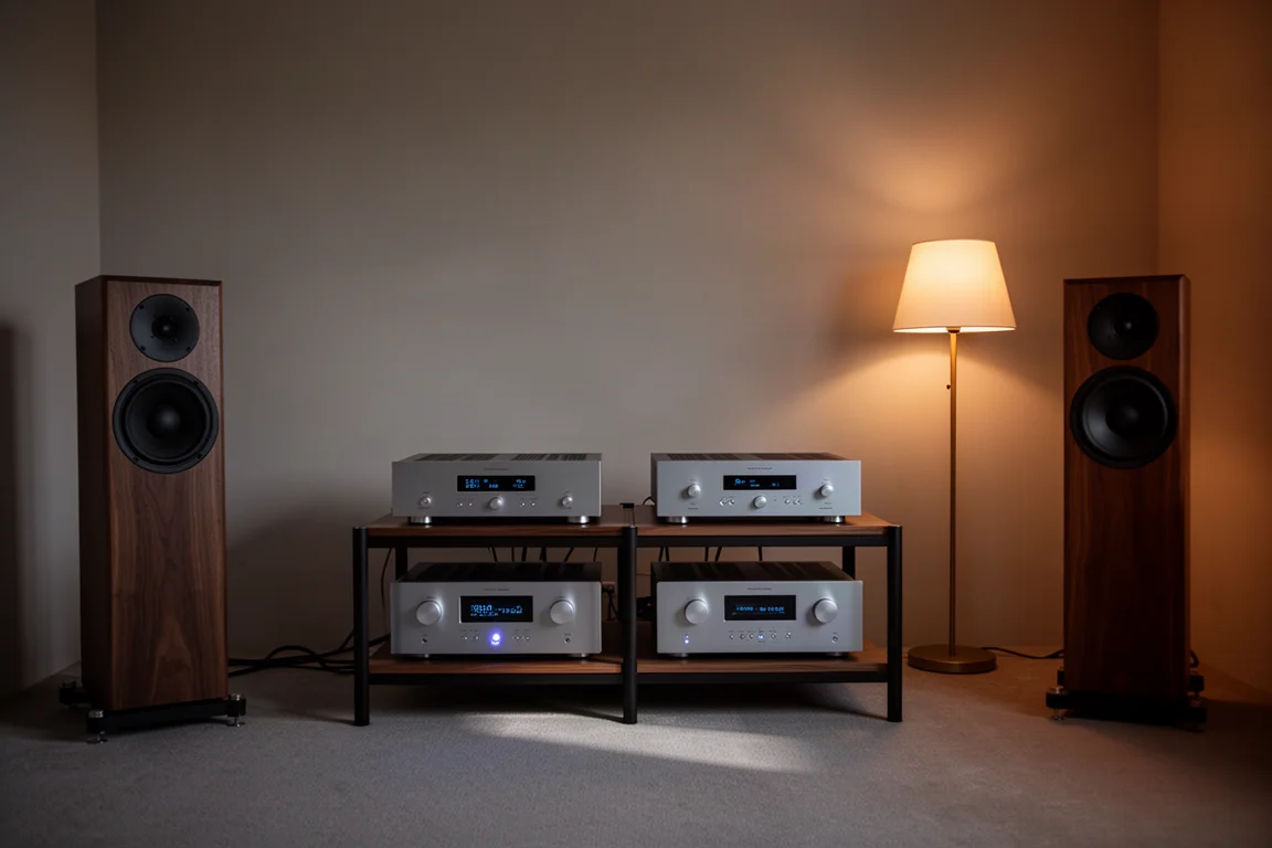 Hörraum in der Dämmerung mit Separates-Hi-Fi-Rack und Standlautsprechern