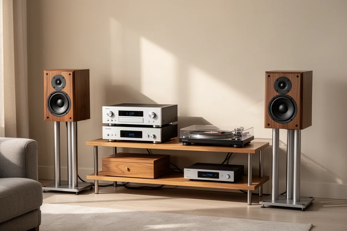 Hi-Fi-Setup im Wohnzimmer mit Separates-Stack, Regallautsprechern und einem Plattenspieler