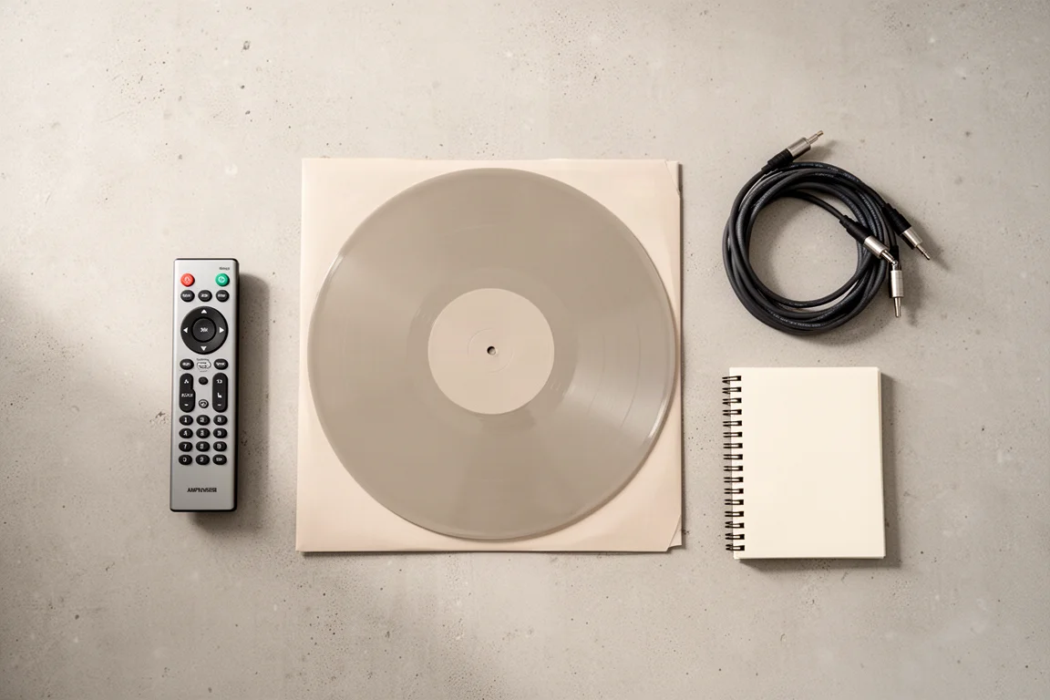 Flat-Lay einer Fernbedienung, einer leeren Vinylplatte und aufgerollter Lautsprecherkabel auf Beton