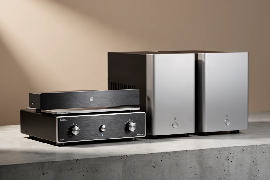 Exposure 3510 preamplifier beside two monoblock power amplifiers on a concrete surface