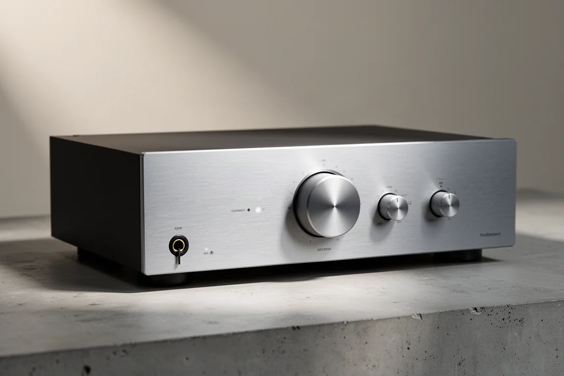 Full-width integrated hi-fi amplifier with a slim silver fascia on a concrete surface
