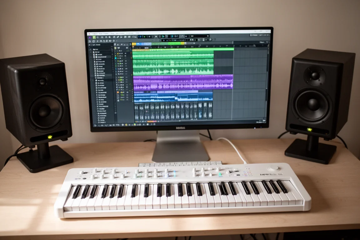 Musikproduzent arbeitet an einer DAW mit weißer MPE-Tastatur im Vordergrund