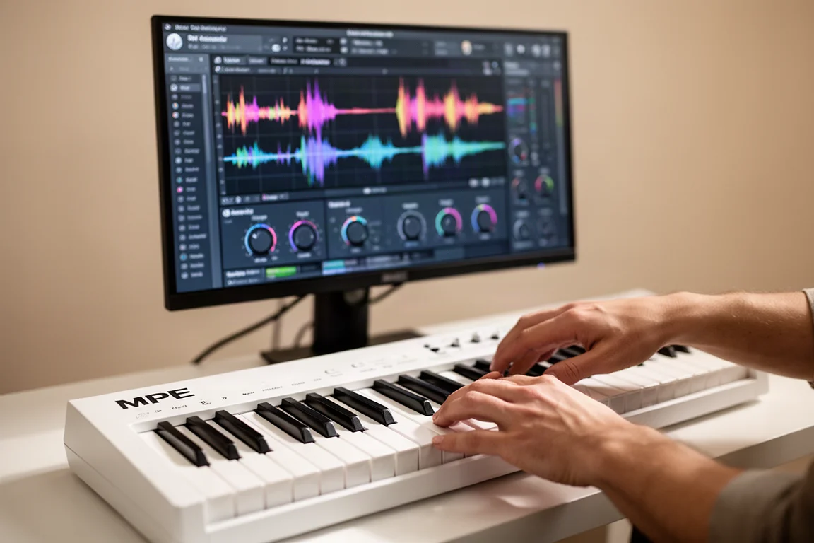 Hände spielen ein virtuelles Instrumenten-Plugin auf einem Computerbildschirm mit Tastatur darunter