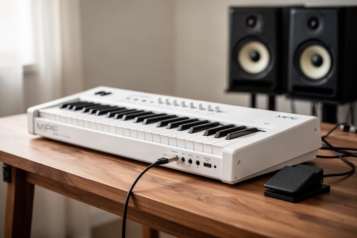 Weiße MPE-Tastatur auf einem Studio-Schreibtisch mit Kabeln und angeschlossenem Pedal