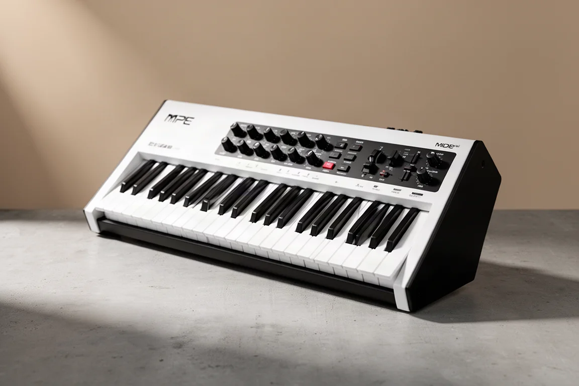 Expressive E Osmose CE weißer und schwarzer 61-Tasten-MPE-MIDI-Controller auf Betonoberfläche