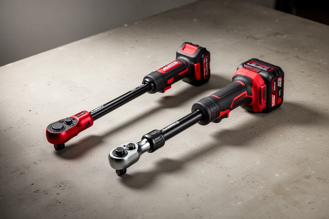 Two extended reach cordless ratchets side by side on a concrete workshop surface