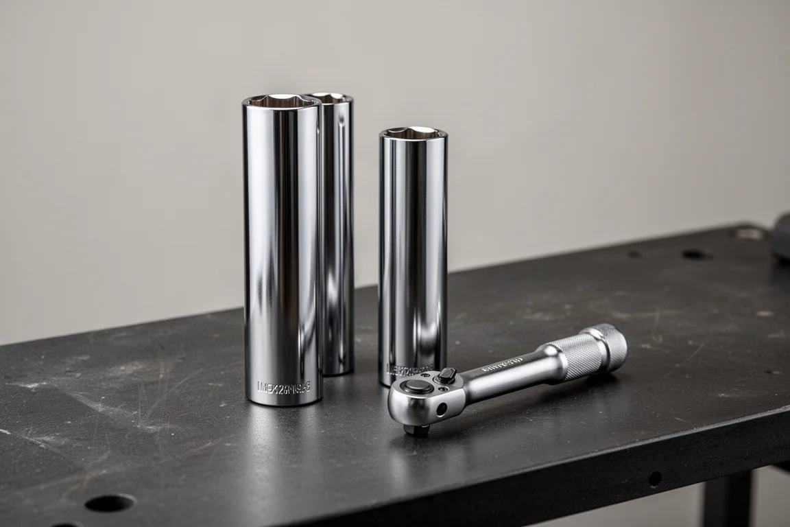 Two extra deep chrome sockets and a stubby ratchet on a dark workbench