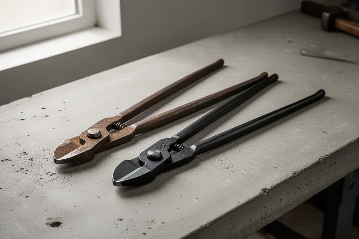 Two extra long diagonal wire cutters side by side on a concrete workbench