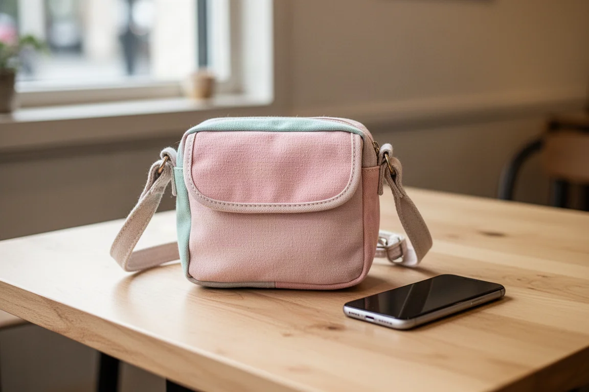 Eine winzige Crossbody-Tasche auf einem Café-Tisch neben einem Smartphone