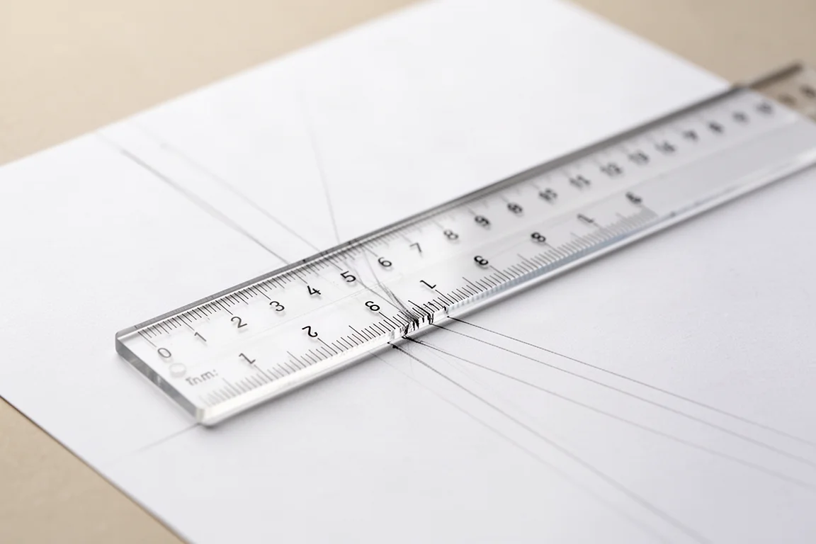 Ein transparentes Lineal, an Bleistiftmarkierungen auf Papier ausgerichtet