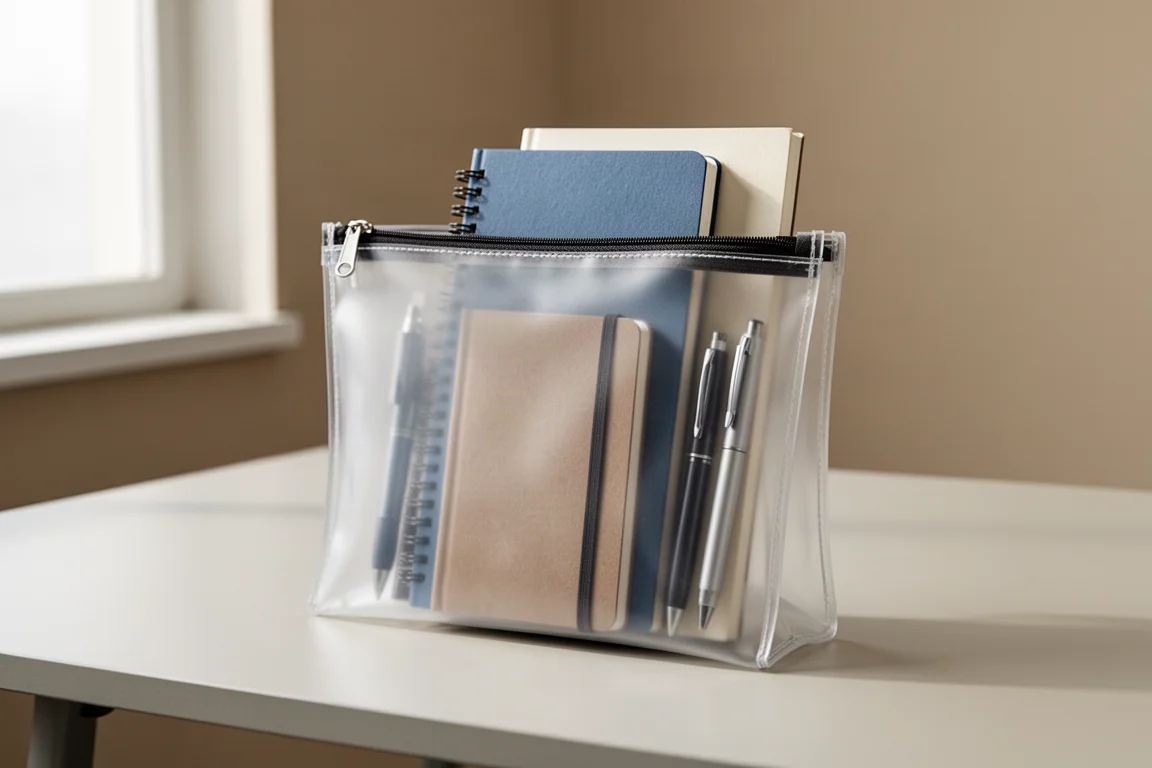 Eine translucente Reißverschluss-Tasche mit dünnen Notizbüchern und Stiften auf einem Schreibtisch