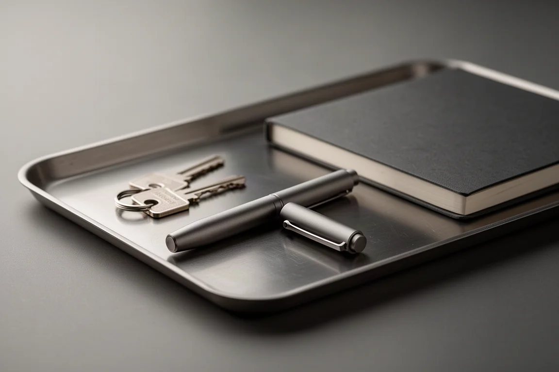 EDC-penna i titan som vilar på ett skrivbord bredvid vardagsprylar