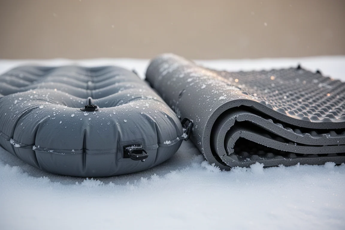 Matelas pneumatique isolé et tapis en mousse côte à côte sur neige fraîche avec du givre