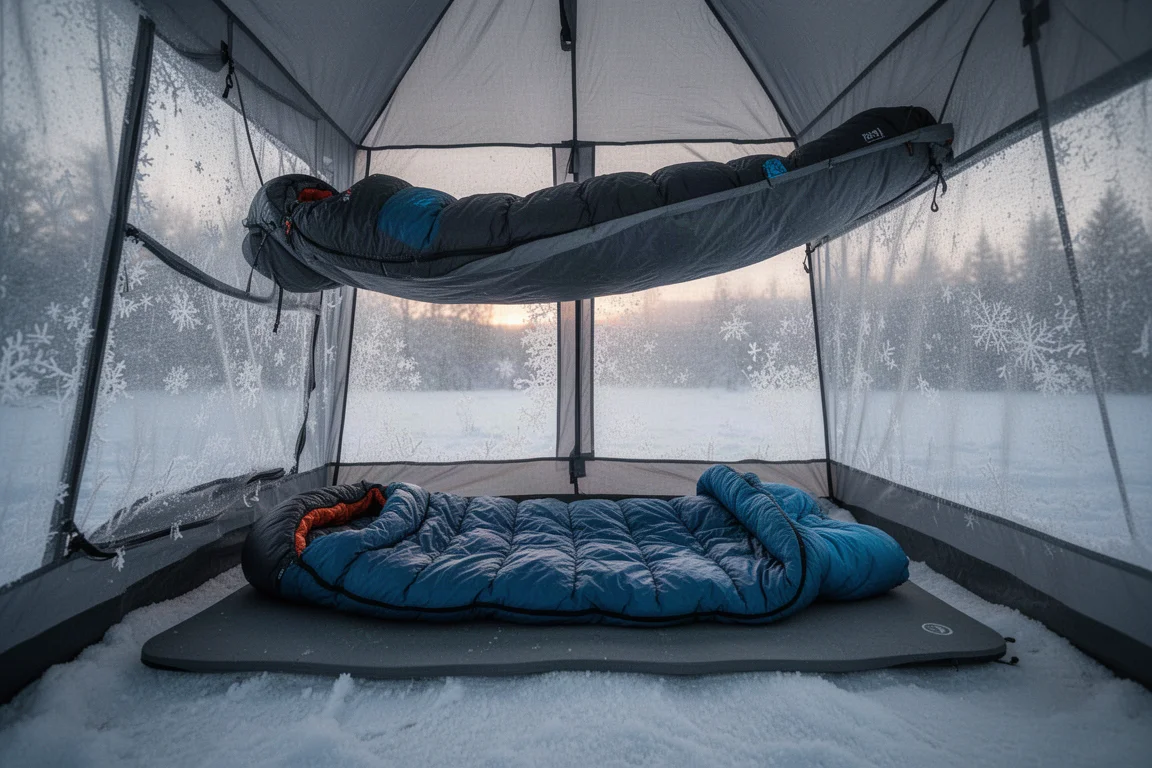 Intérieur givré d'un abri d'hiver avec sac de couchage et couette sur un matelas