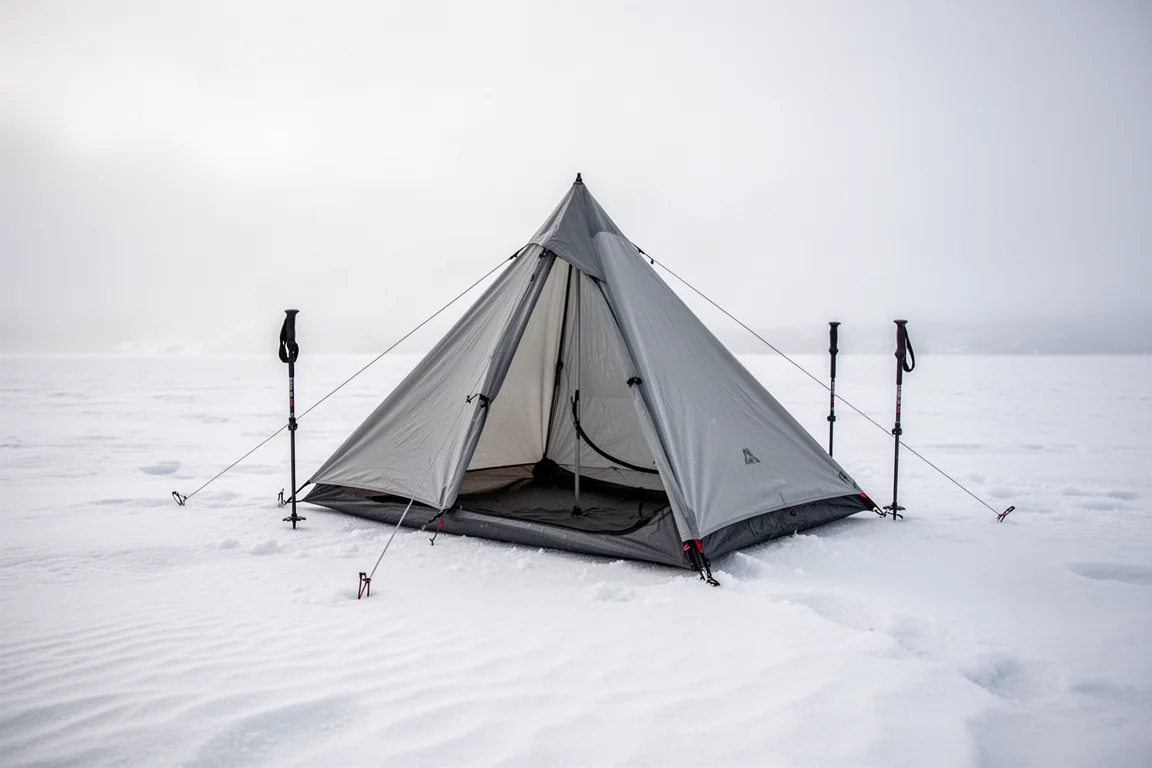 Abri pyramidal sans plancher installé sur un champ de neige sous une lumière couverte