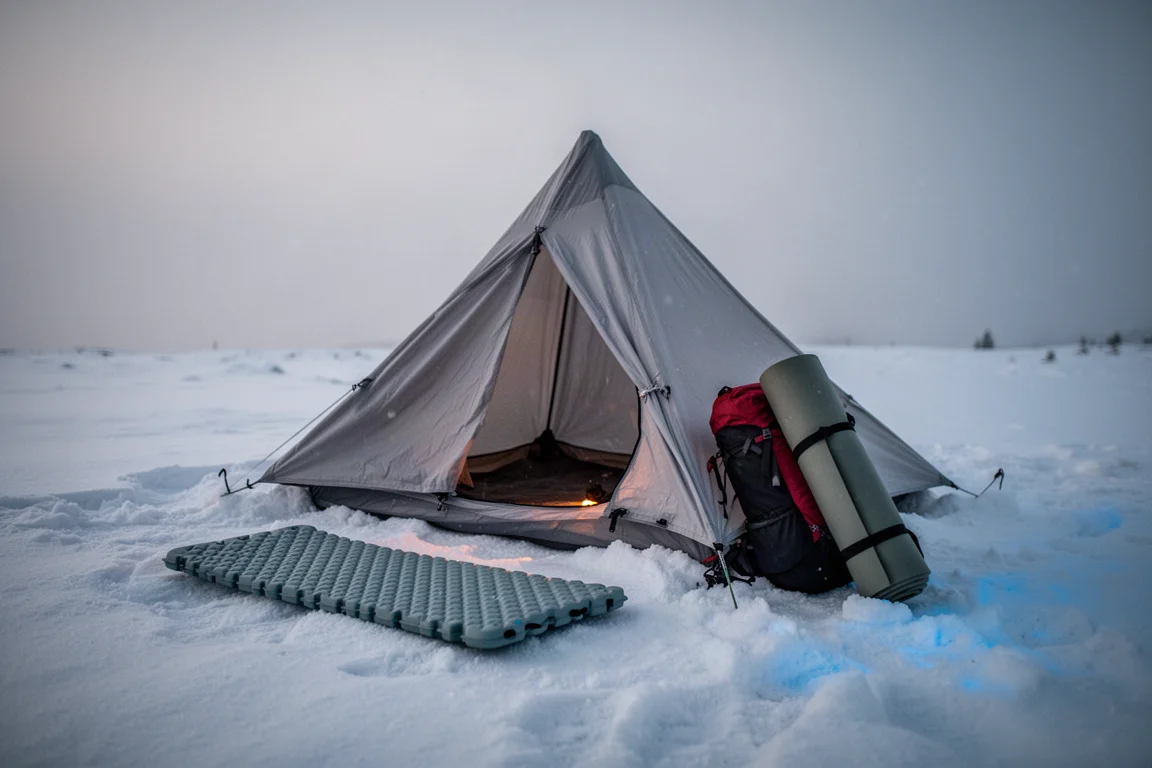 Viertseizoenstent op sneeuw in een beschutte kom bij schemering met stuifsneeuw
