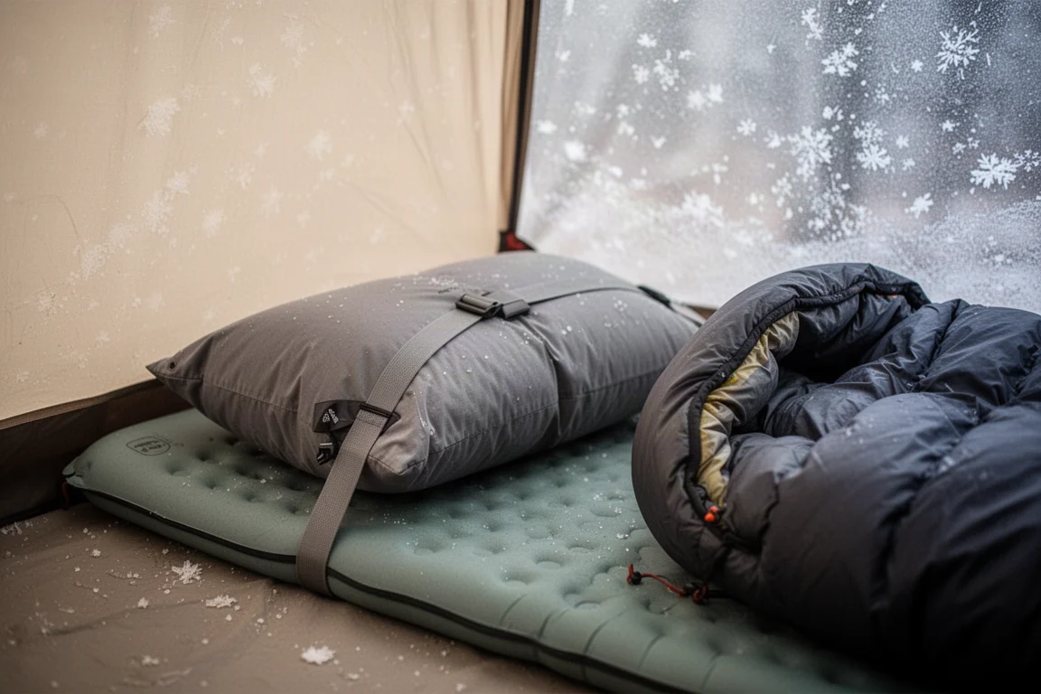 Slaapzak met snorkelkap op een geïsoleerd matje in een beslagen wintertent