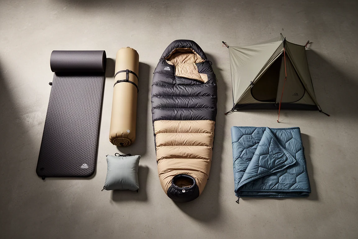 Winter sleep system gear with an insulated pad, folded foam mat and sleeping bag on concrete