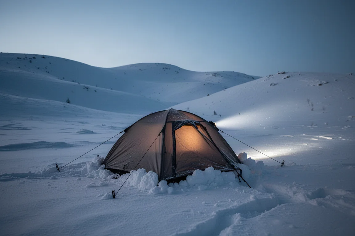 Kleine wintertent laag opgesteld in diepe sneeuw bij schemer, met sneeuw opgestapeld langs de voet