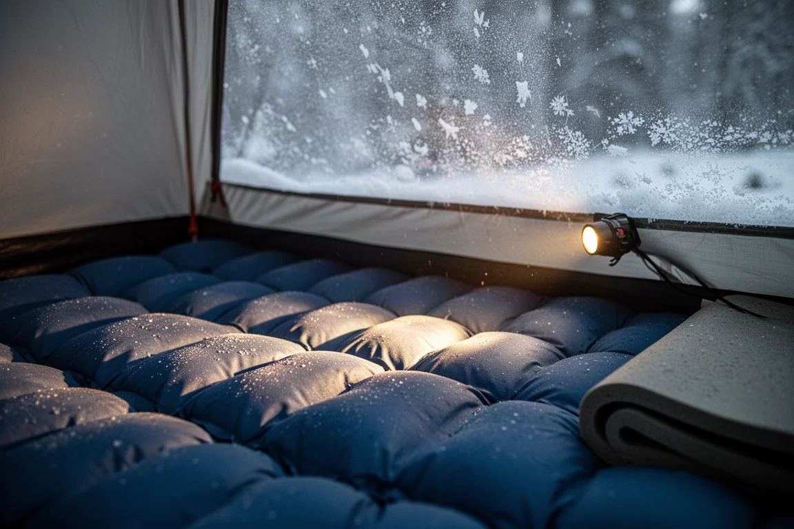 Opgeblazen slaapmat in een wintertent met rijp op de tentwand erboven