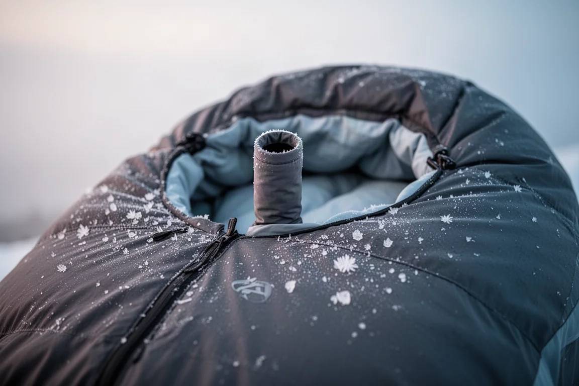 Met rijp bedekte capuchon van een mummy slaapzak bij het eerste licht in een winterkamp