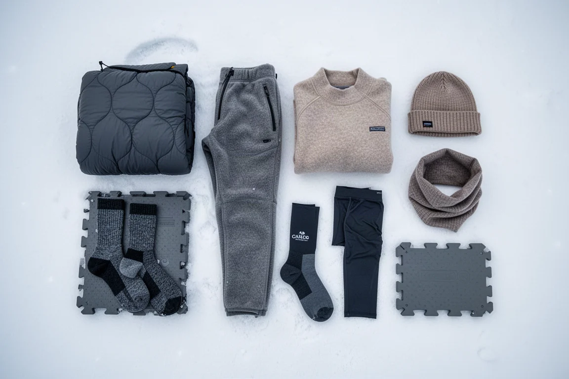 Plattegrond van bovenaf van winterkleding en een opgevouwen quilt op aangestampte sneeuw