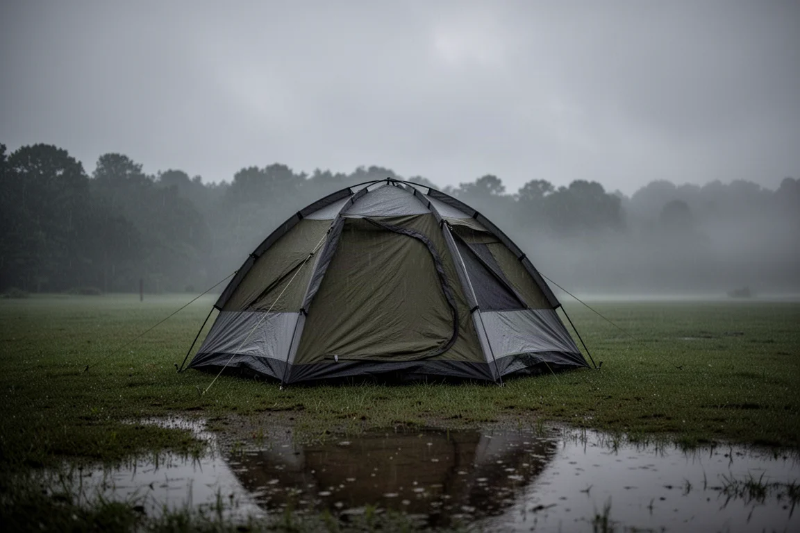 Kleines Pop-Up-Zelt am Rand einer sonnigen Graslichtung neben einem Picknicktisch