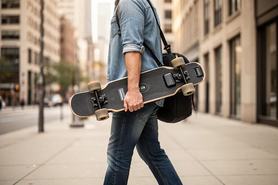 Commuter carrying a compact electric skateboard under one arm while walking through a city street