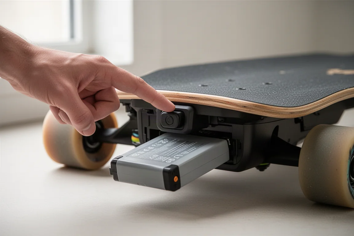 Close-up of a rider's hand pressing the release button on an electric skateboard battery